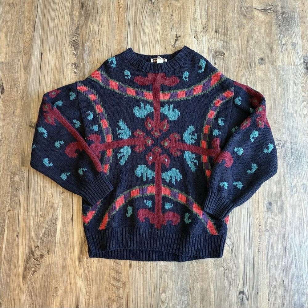 Frank Stella Ltd. Mens M Geometric Crewneck Chunky Knit Cotton Pullover Navy
